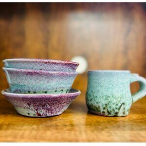 Handmade reactive glaze pottery set mug bowls SB